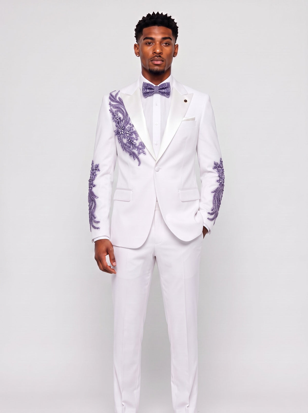 Men’s White Color Rhinestone Floral 2-Piece Prom Suit