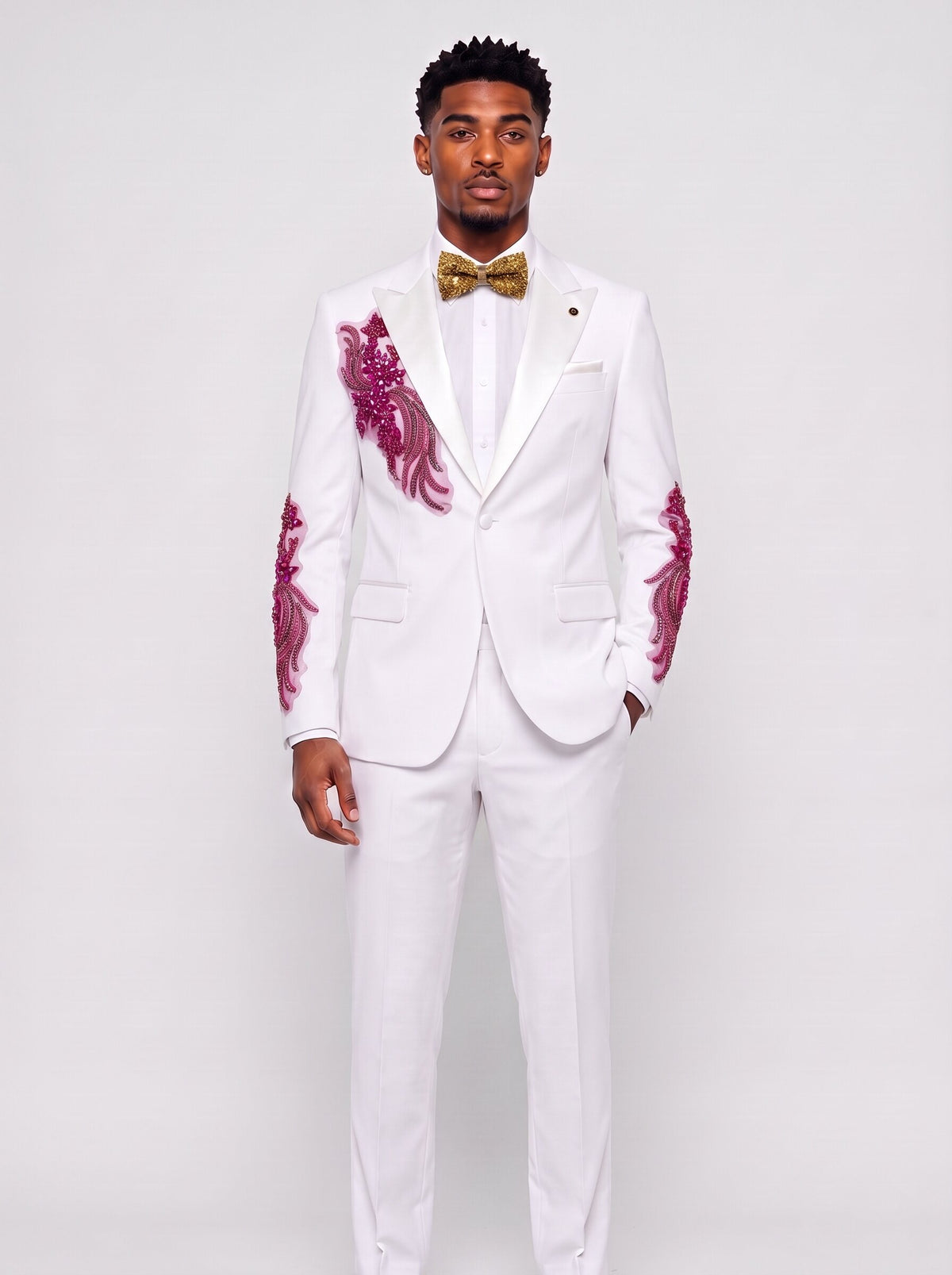 Men’s White Color Rhinestone Floral 2-Piece Prom Suit