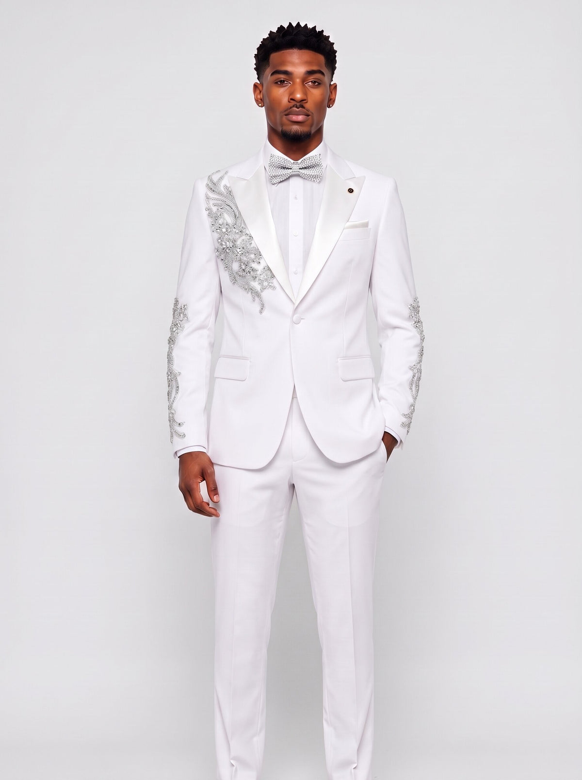 Men’s White Color Rhinestone Floral 2-Piece Prom Suit