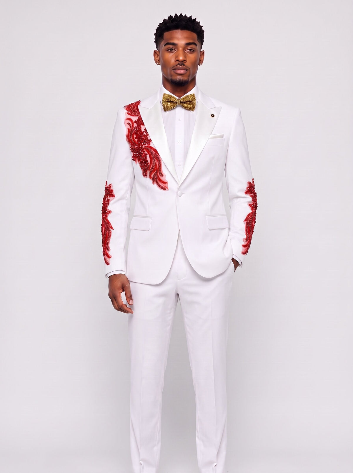 Men’s White Color Rhinestone Floral 2-Piece Prom Suit