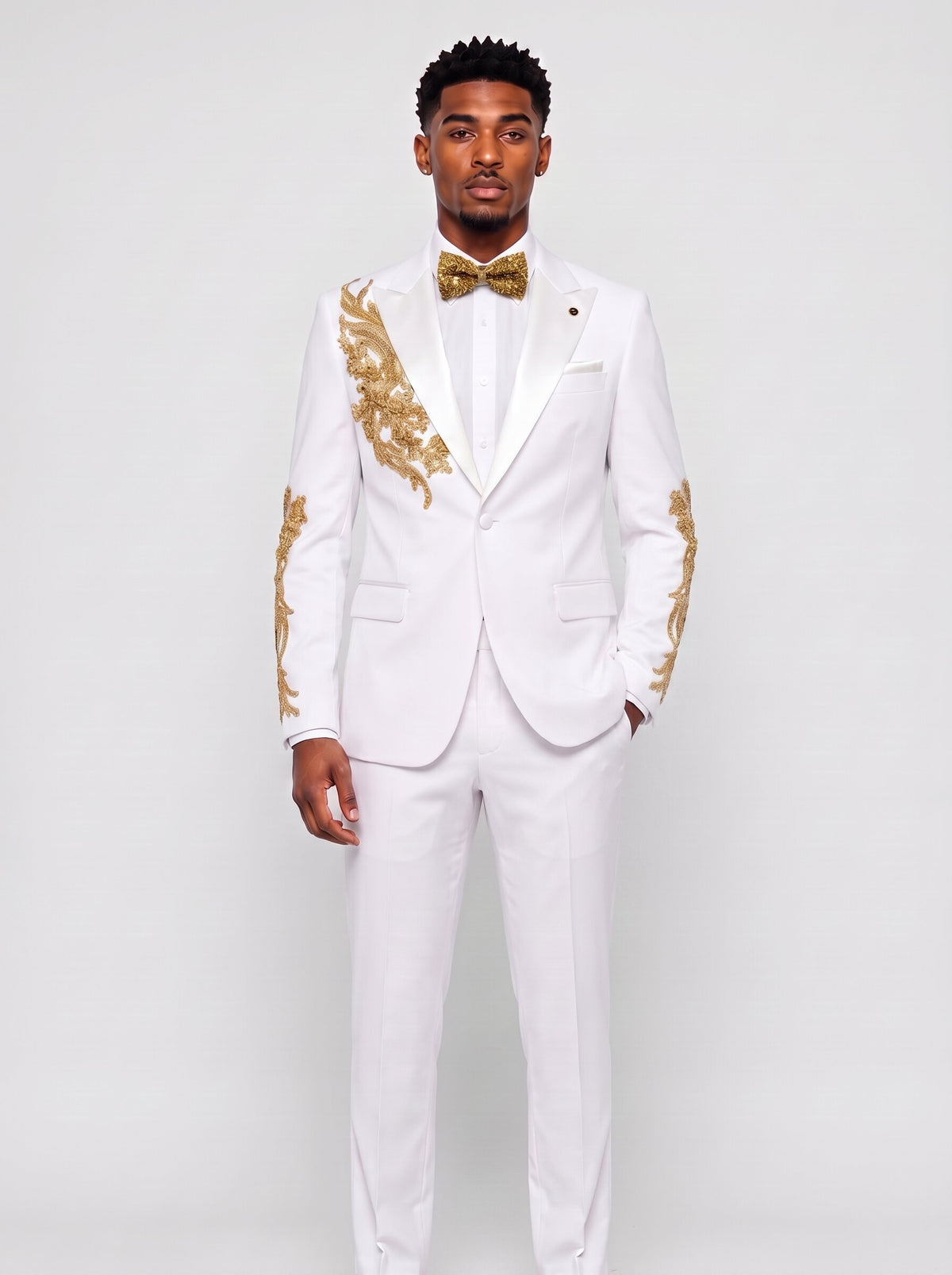 Men’s White Color Rhinestone Floral 2-Piece Prom Suit