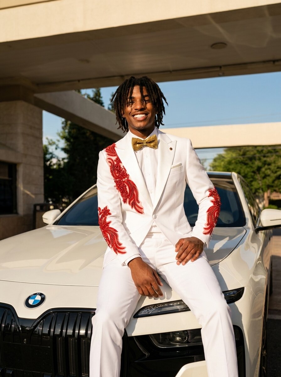 Men’s White Color Rhinestone Floral 2-Piece Prom Suit