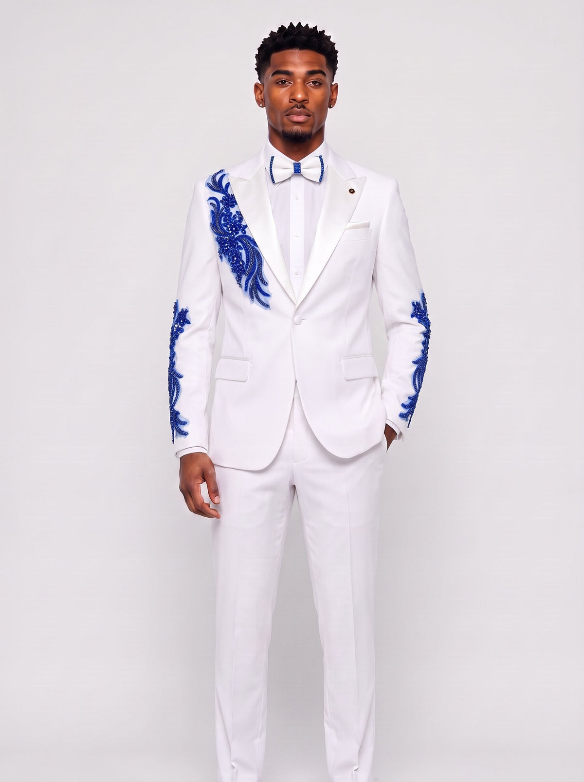 Men’s White Color Rhinestone Floral 2-Piece Prom Suit