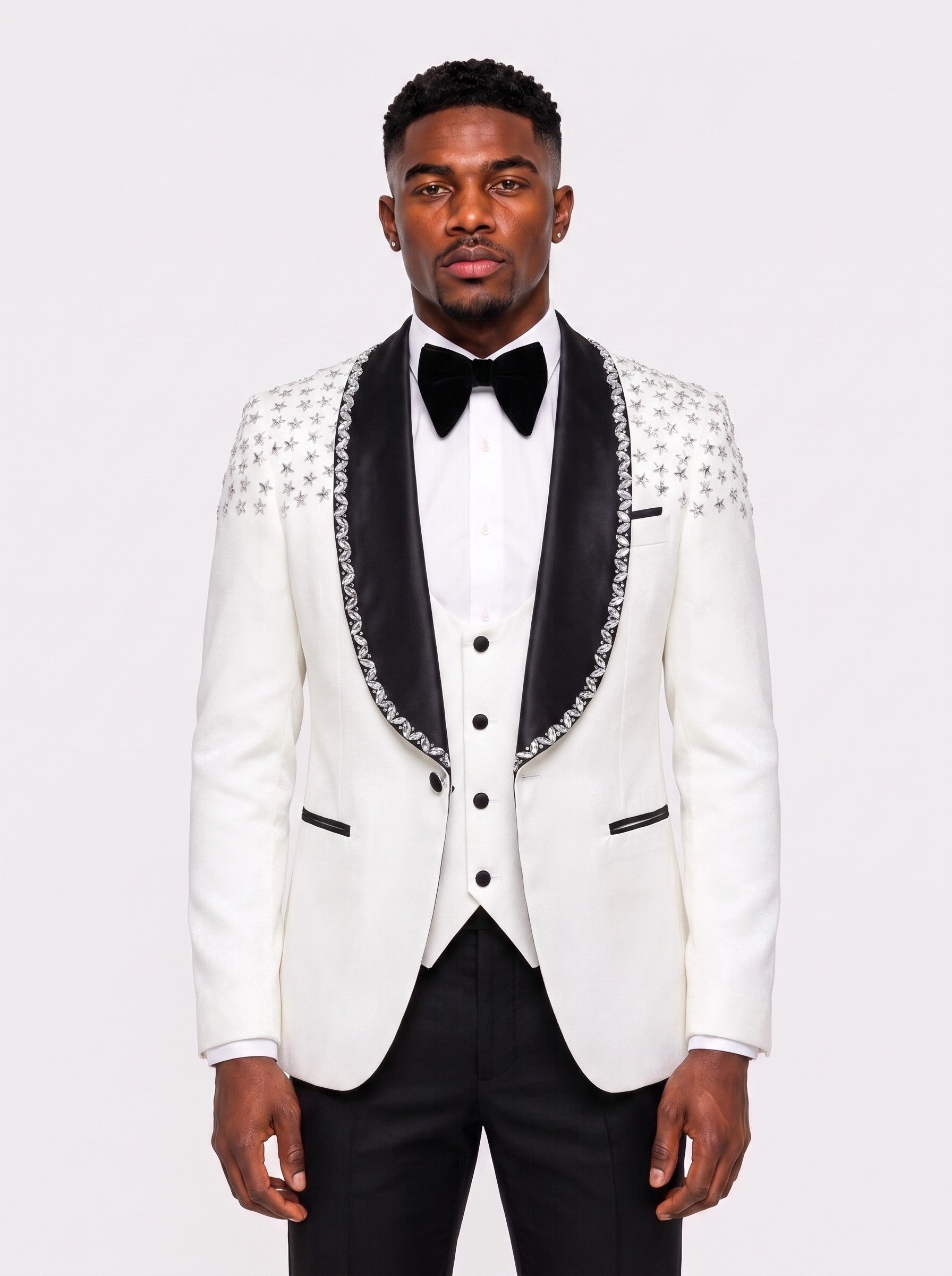 Men’s White Rhinestone Shawl Lapel 3 Piece Tuxedo