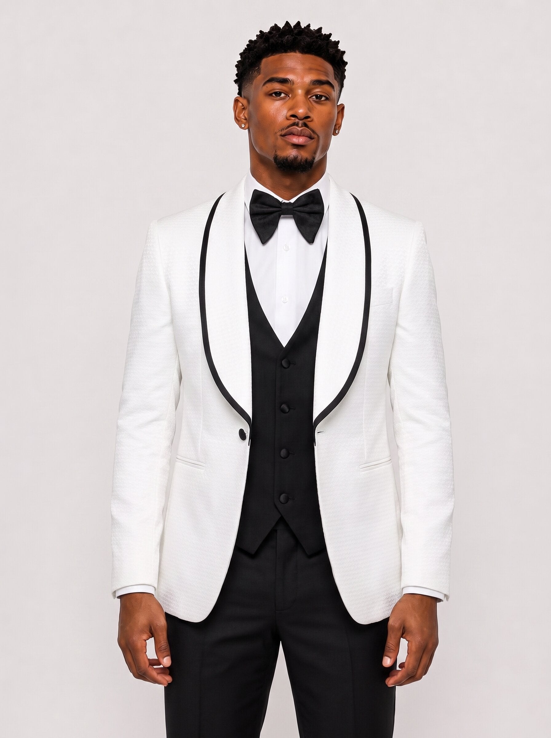 Men's White Shawl Lapel 3 Piece Tuxedo with Black Contrast Vest