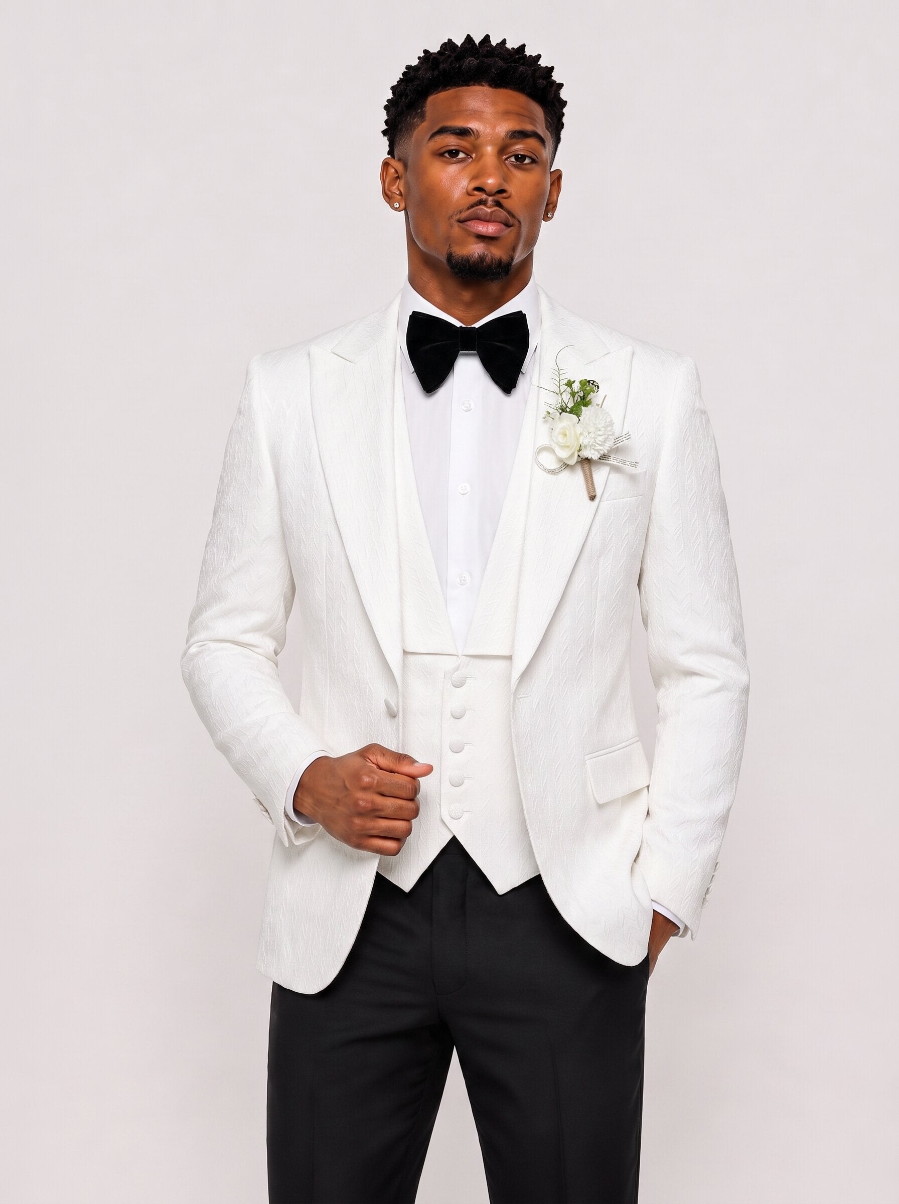 Men's White Textured 3 Piece Wedding Tuxedo