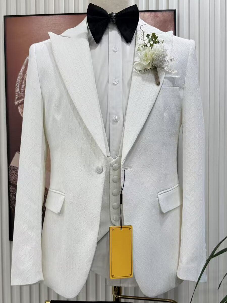 Men's White Textured 3 Piece Wedding Tuxedo