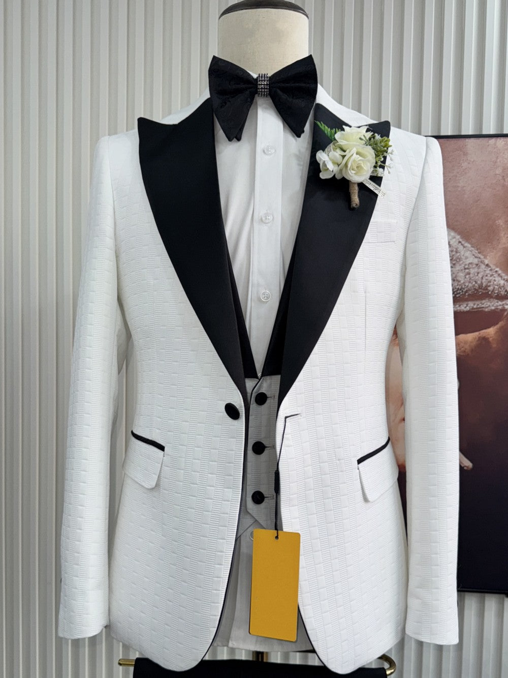 Men’s White Textured Tuxedo with Black Peak Lapel
