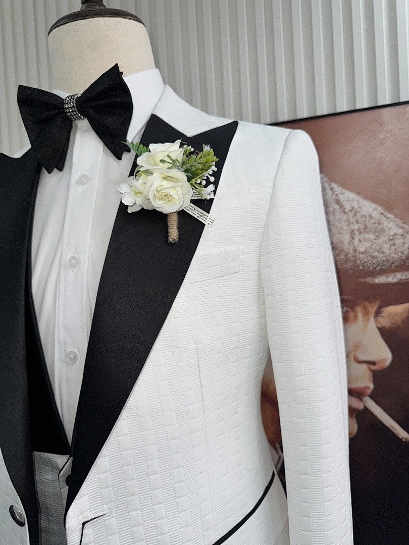 Men’s White Textured Tuxedo with Black Peak Lapel