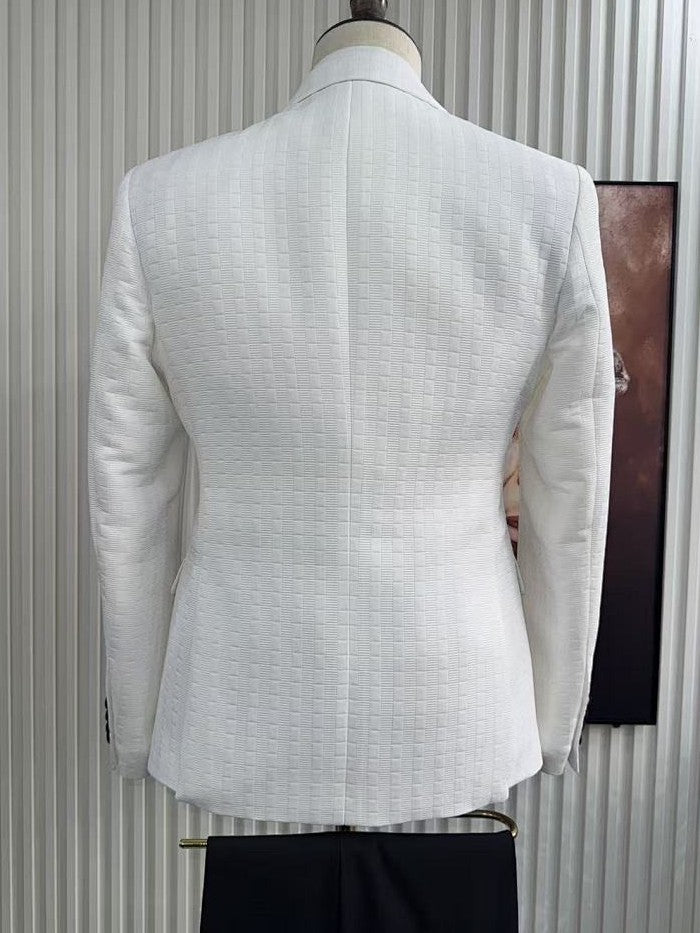 Men’s White Textured Tuxedo with Black Peak Lapel