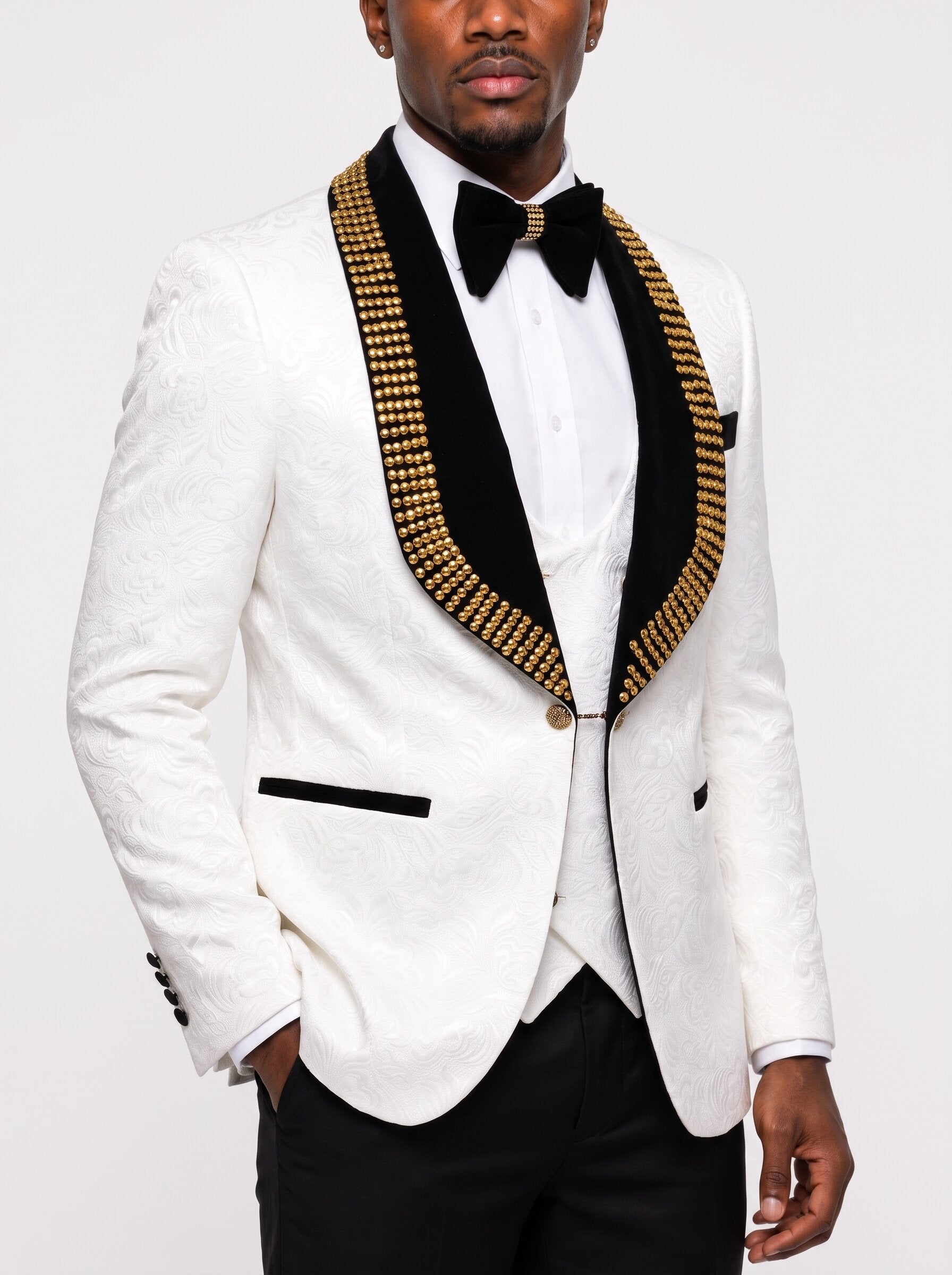 Men’s White Tuxedo Suit with Gold-Embellished Black Lapels