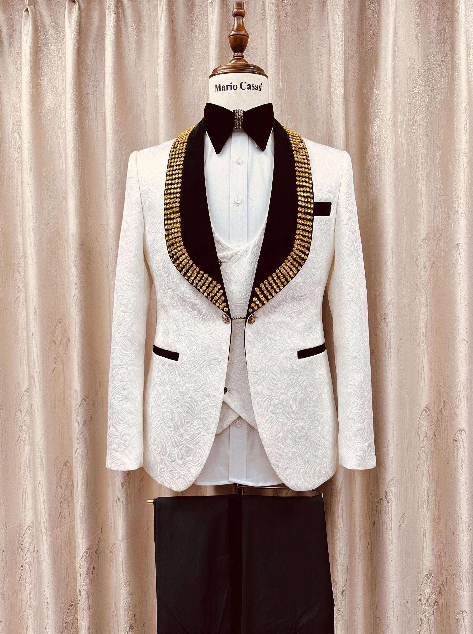 Men’s White Tuxedo Suit with Gold-Embellished Black Lapels