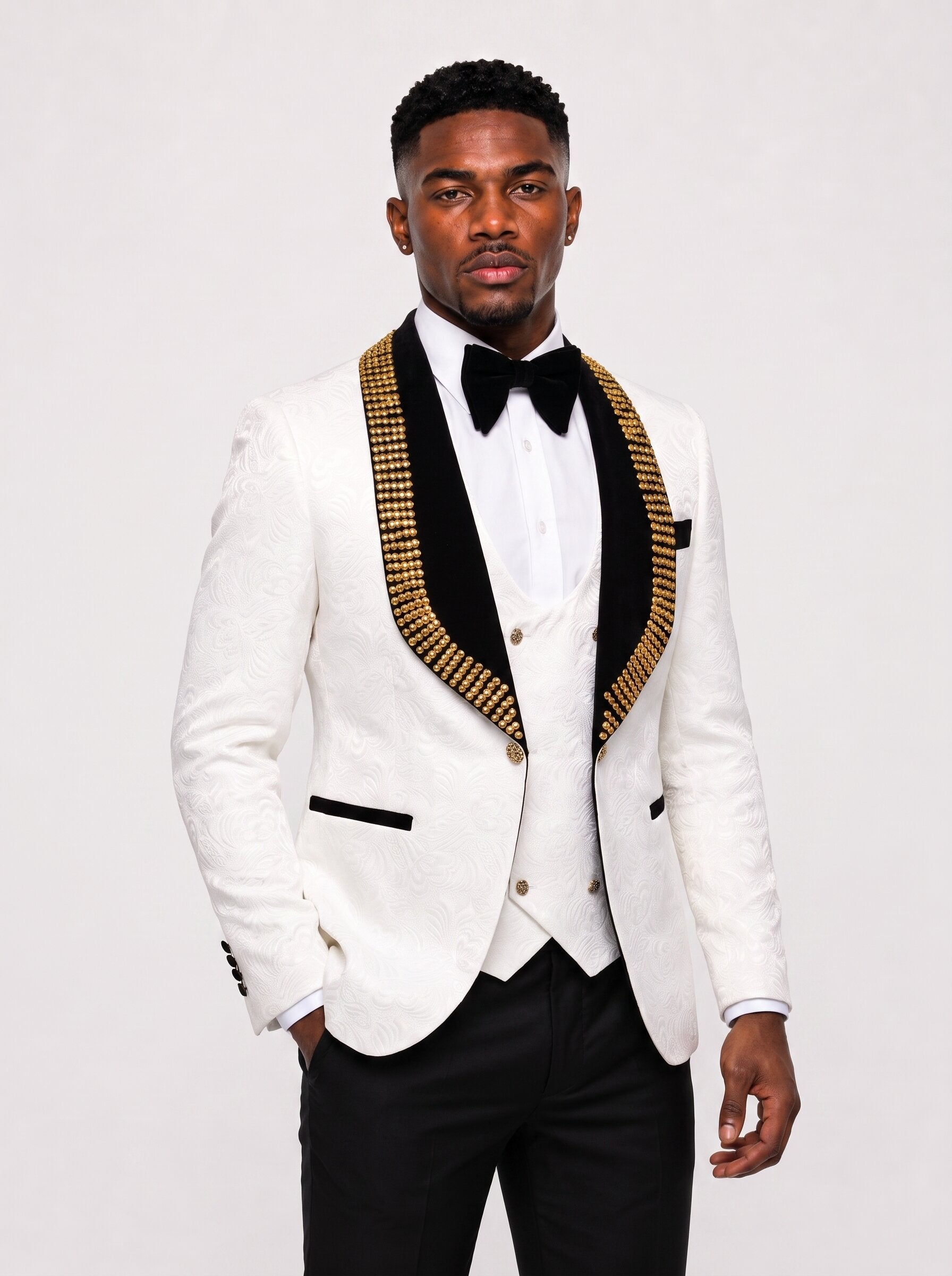 Men’s White Tuxedo Suit with Gold-Embellished Black Lapels