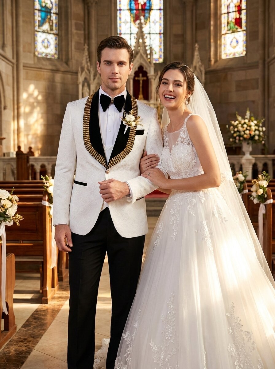 Men’s White Tuxedo Suit with Gold-Embellished Black Lapels