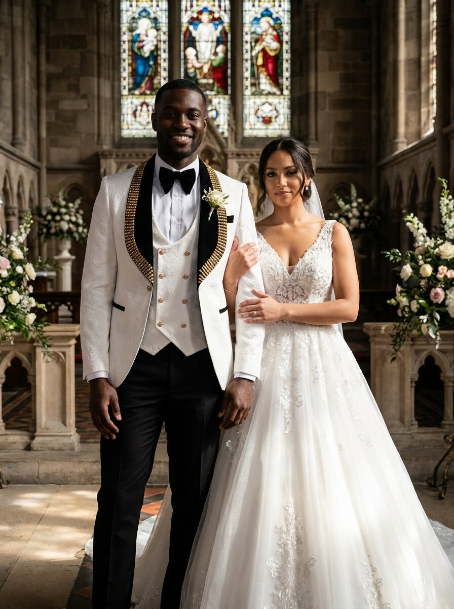 Men’s White Tuxedo Suit with Gold-Embellished Black Lapels