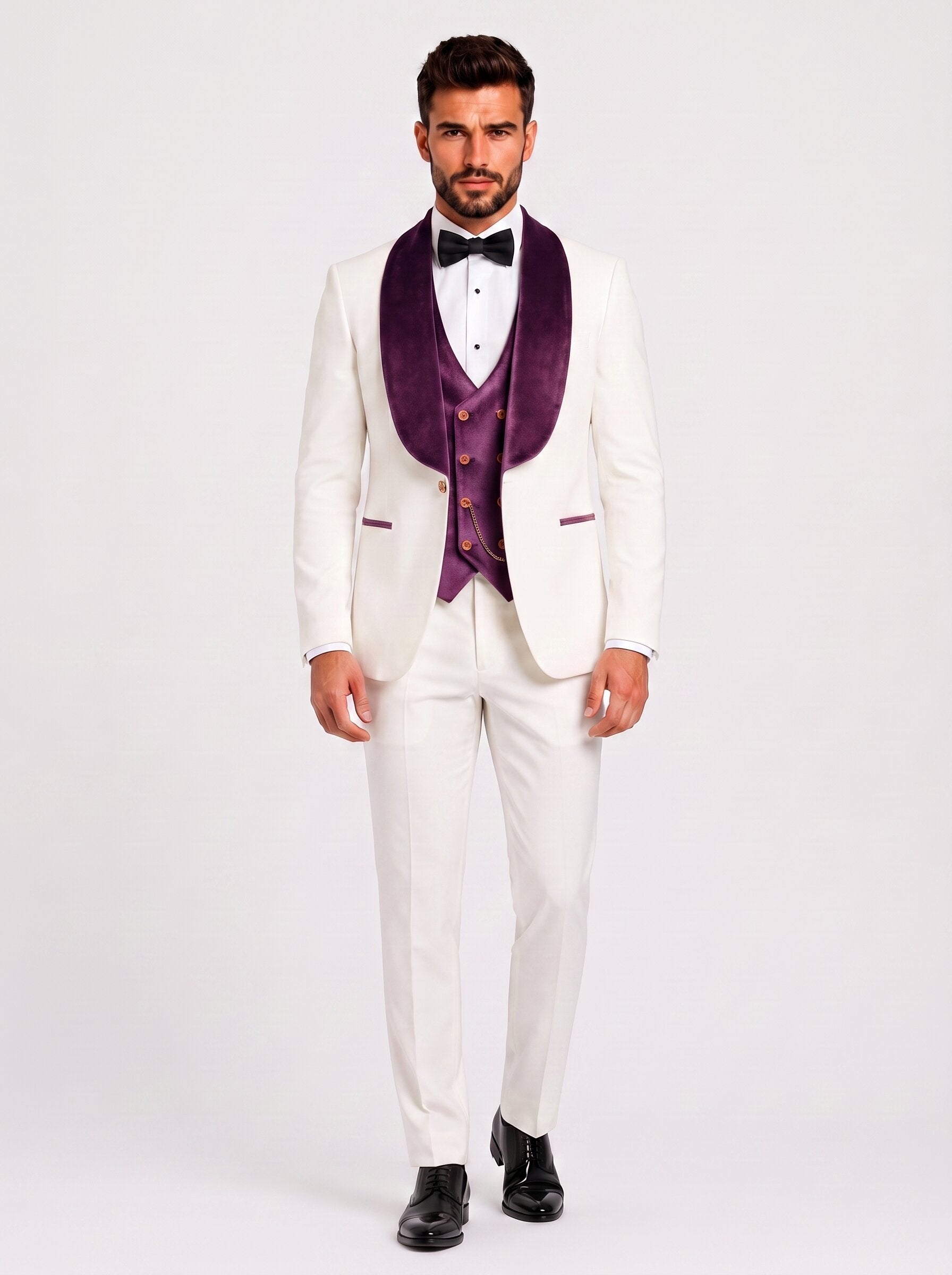Men’s White Tuxedo with Colored Velvet Lapel 3 Piece Suit
