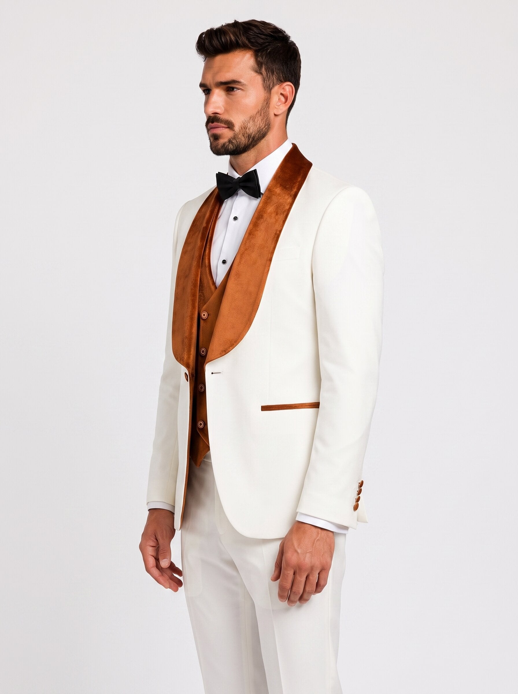 Men’s White Tuxedo with Colored Velvet Lapel 3 Piece Suit