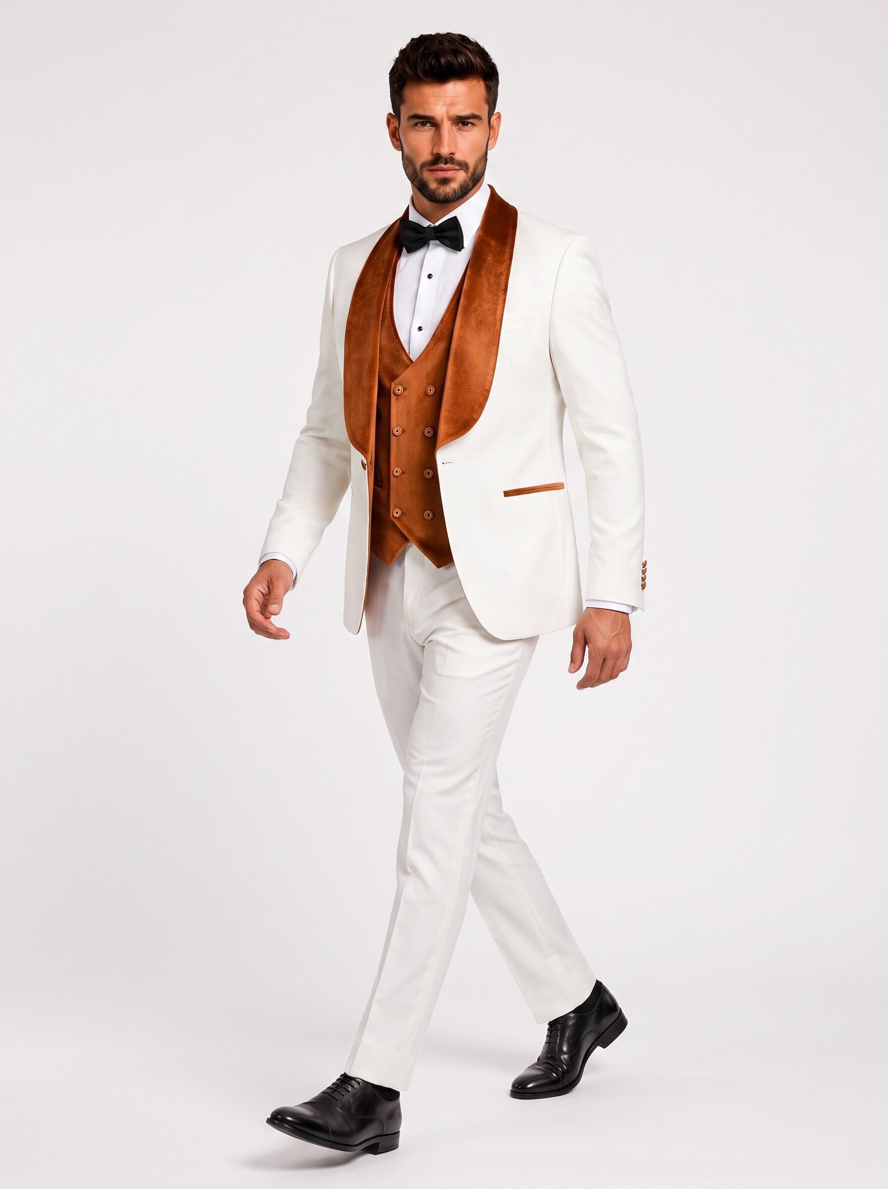 Men’s White Tuxedo with Colored Velvet Lapel 3 Piece Suit