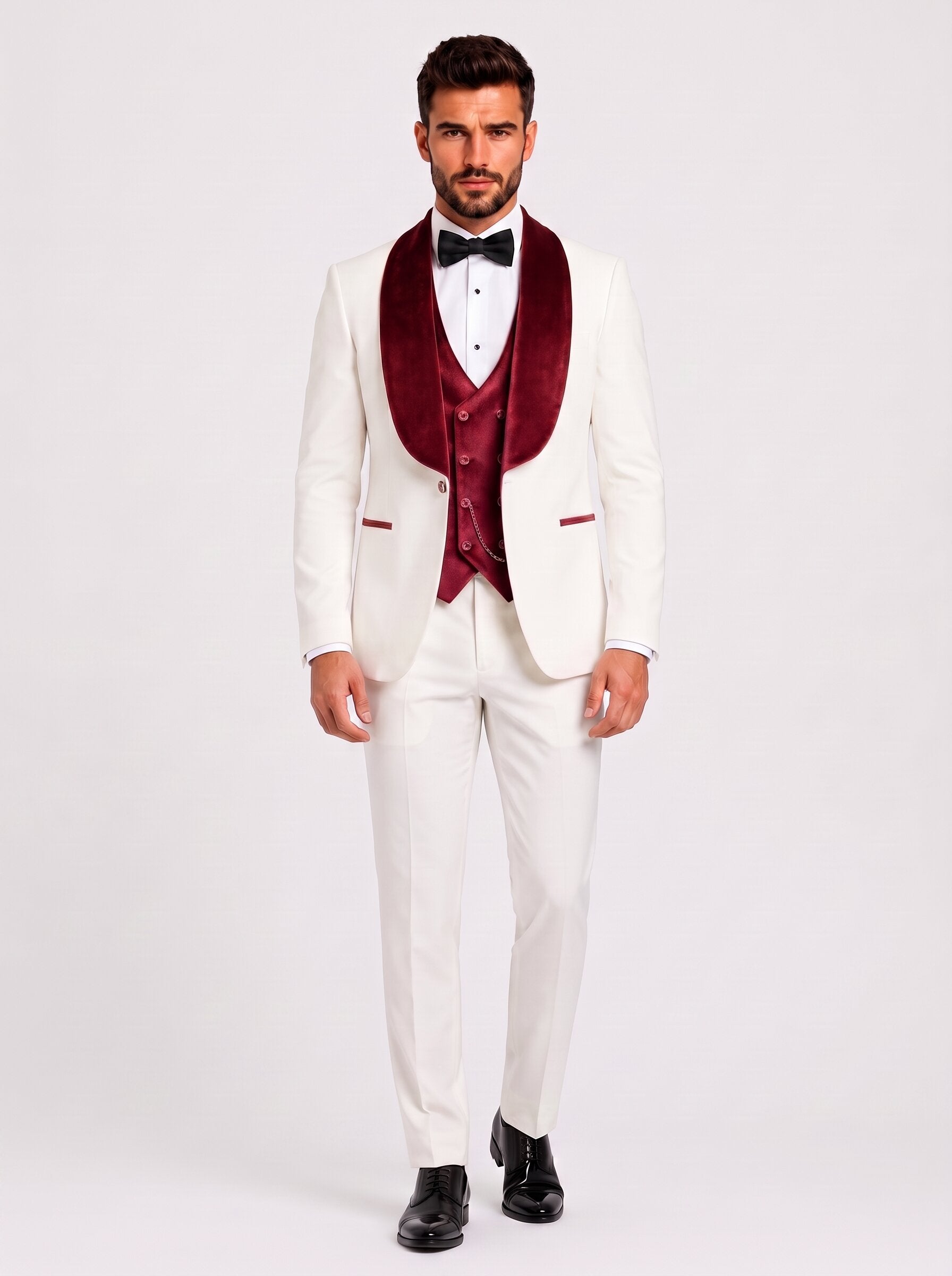 Men’s White Tuxedo with Colored Velvet Lapel 3 Piece Suit