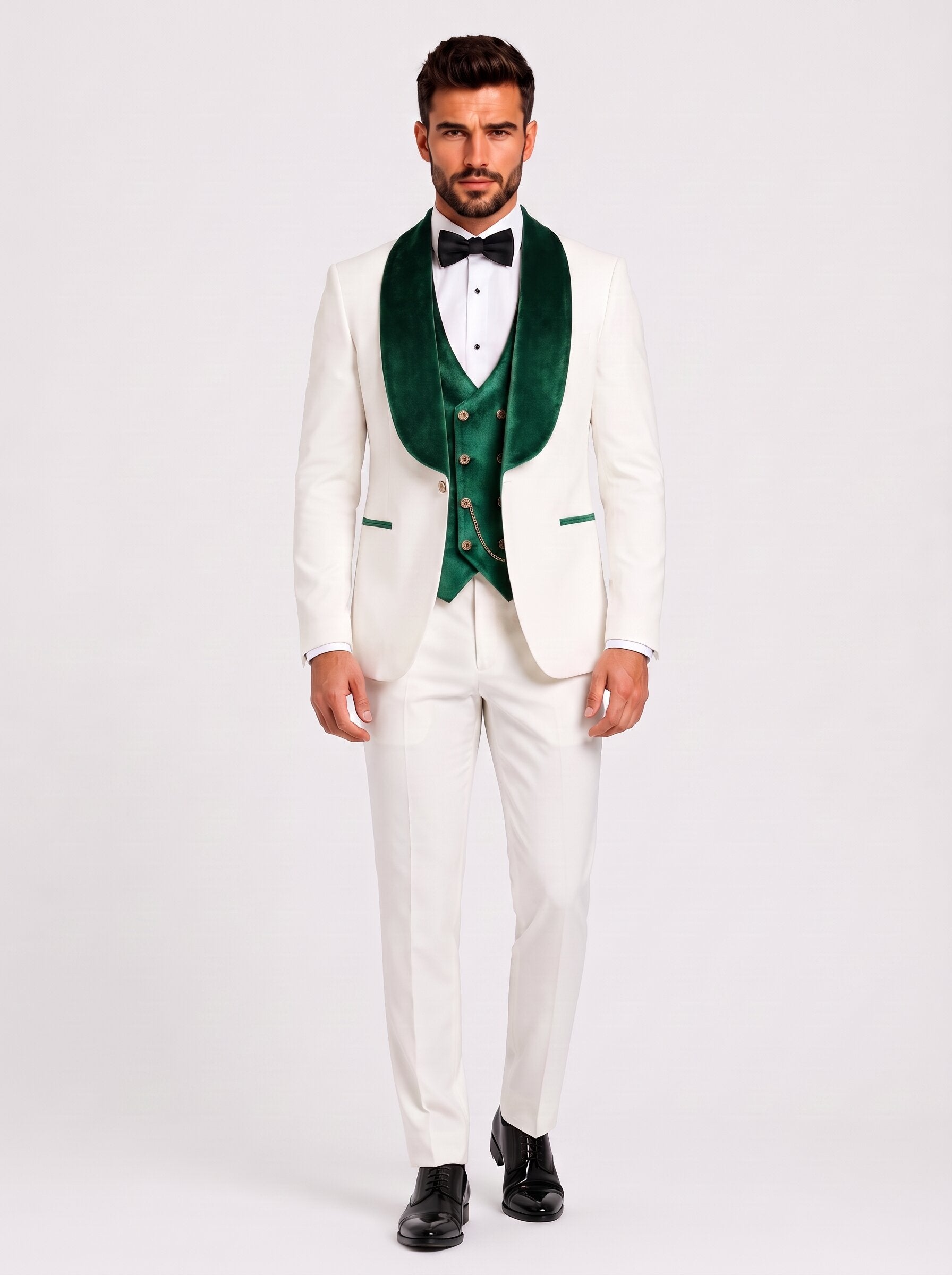 Men’s White Tuxedo with Colored Velvet Lapel 3 Piece Suit
