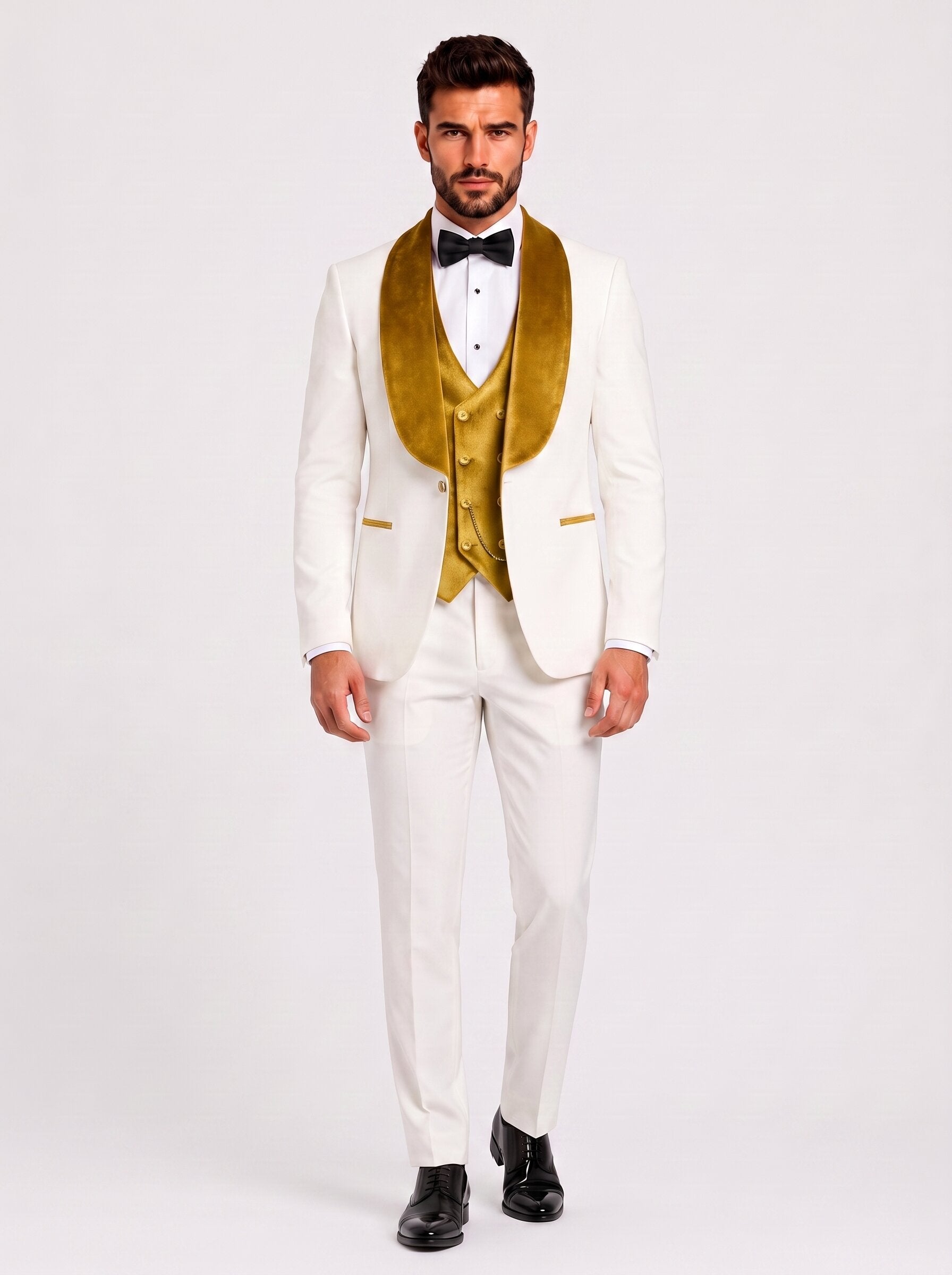 Men’s White Tuxedo with Colored Velvet Lapel 3 Piece Suit