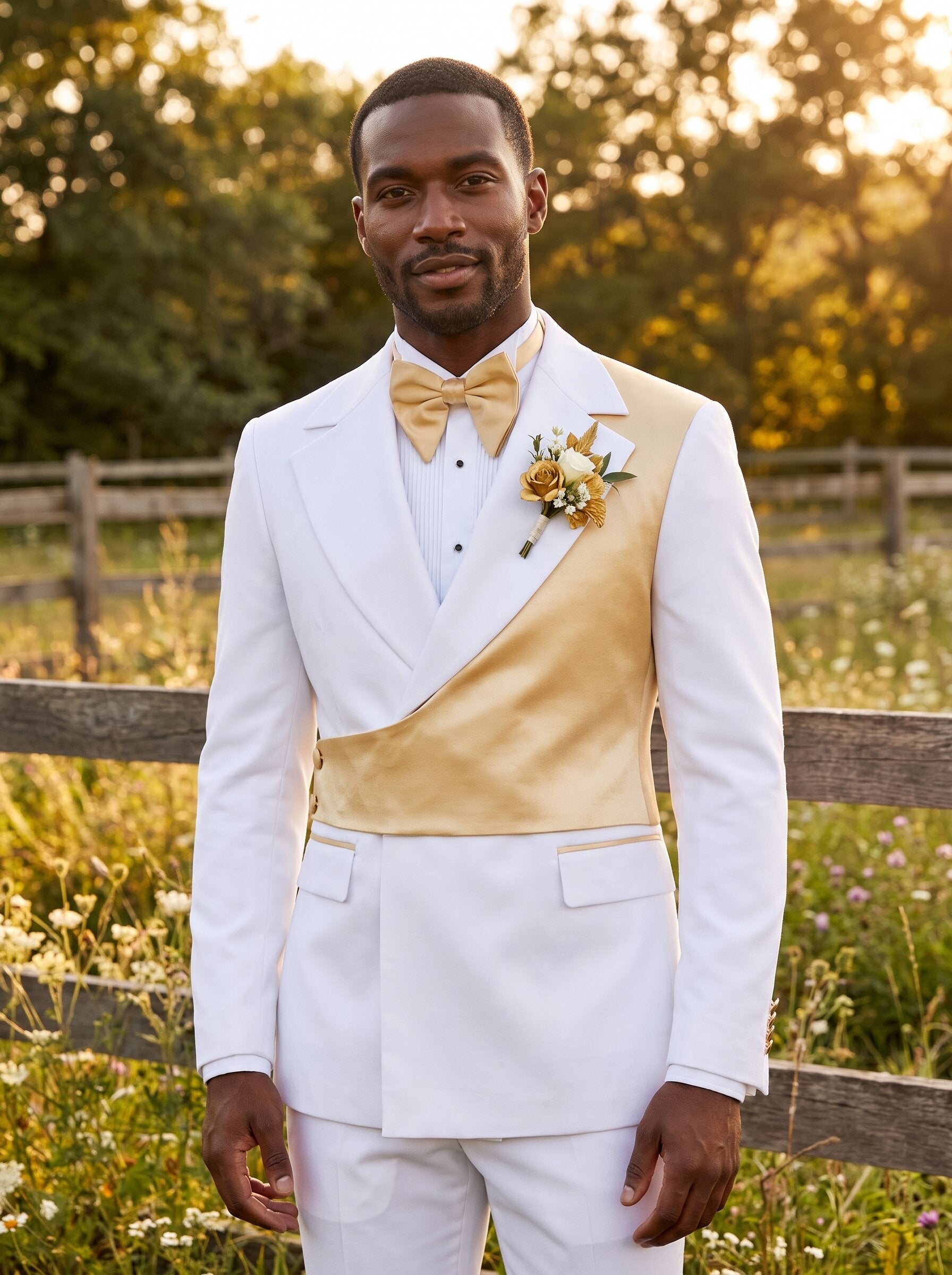 Men’s White and Gold Asymmetric Tuxedo 2 Piece Suit