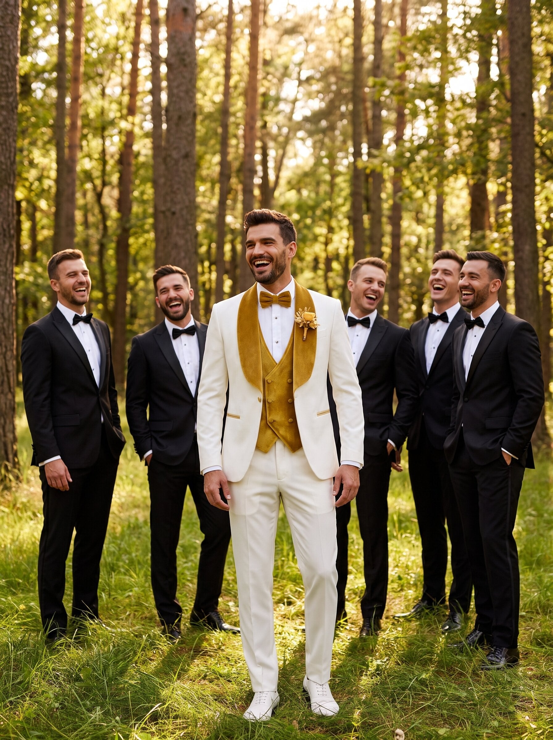 Men’s White and Gold Velvet Lapel 3 Piece Tuxedo