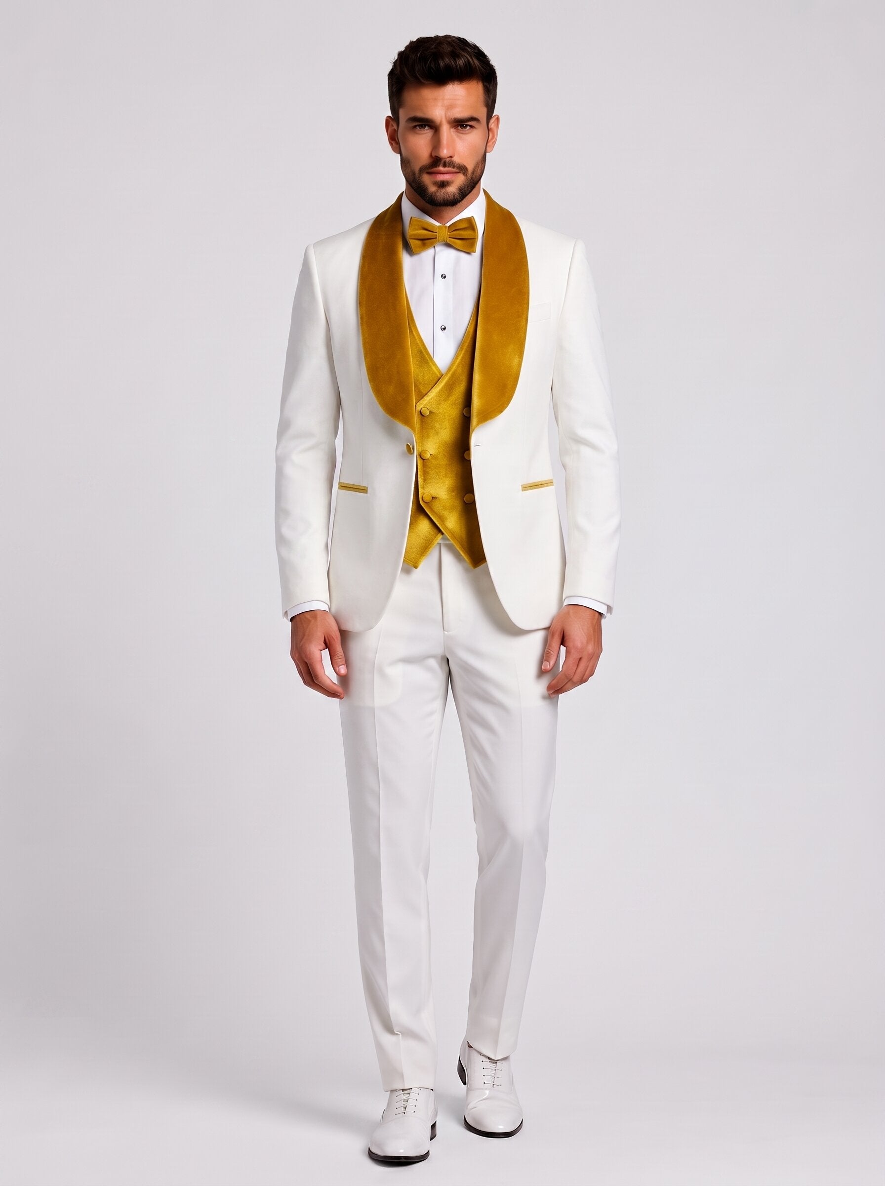 Men’s White and Gold Velvet Lapel 3 Piece Tuxedo