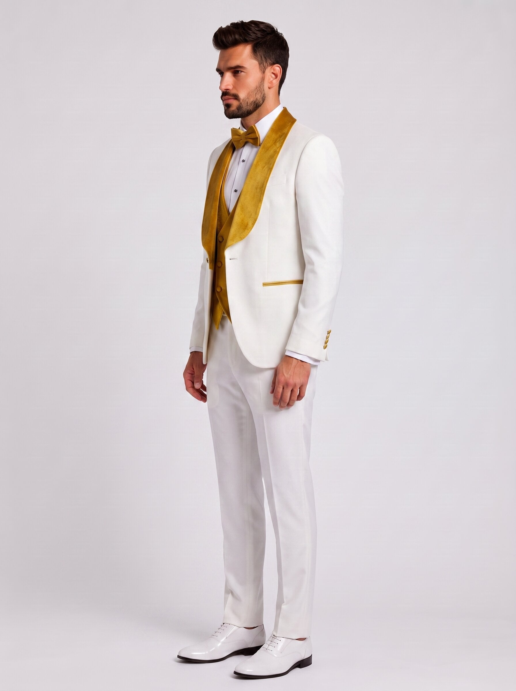 Men’s White and Gold Velvet Lapel 3 Piece Tuxedo