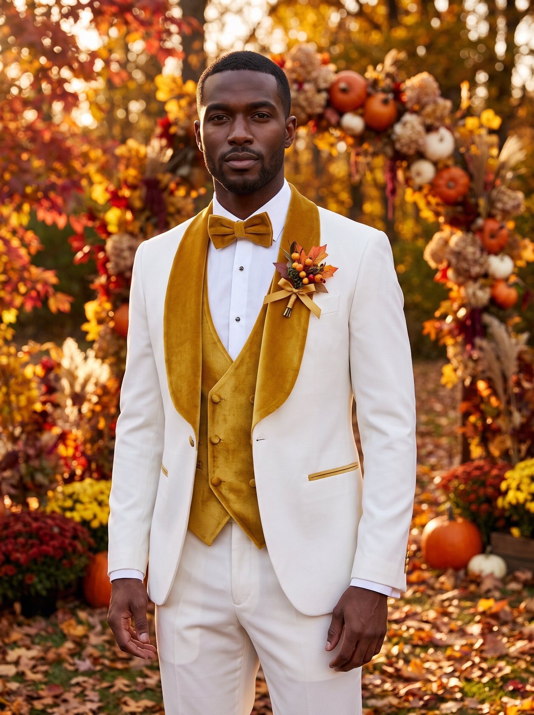 Men’s White and Gold Velvet Lapel 3 Piece Tuxedo