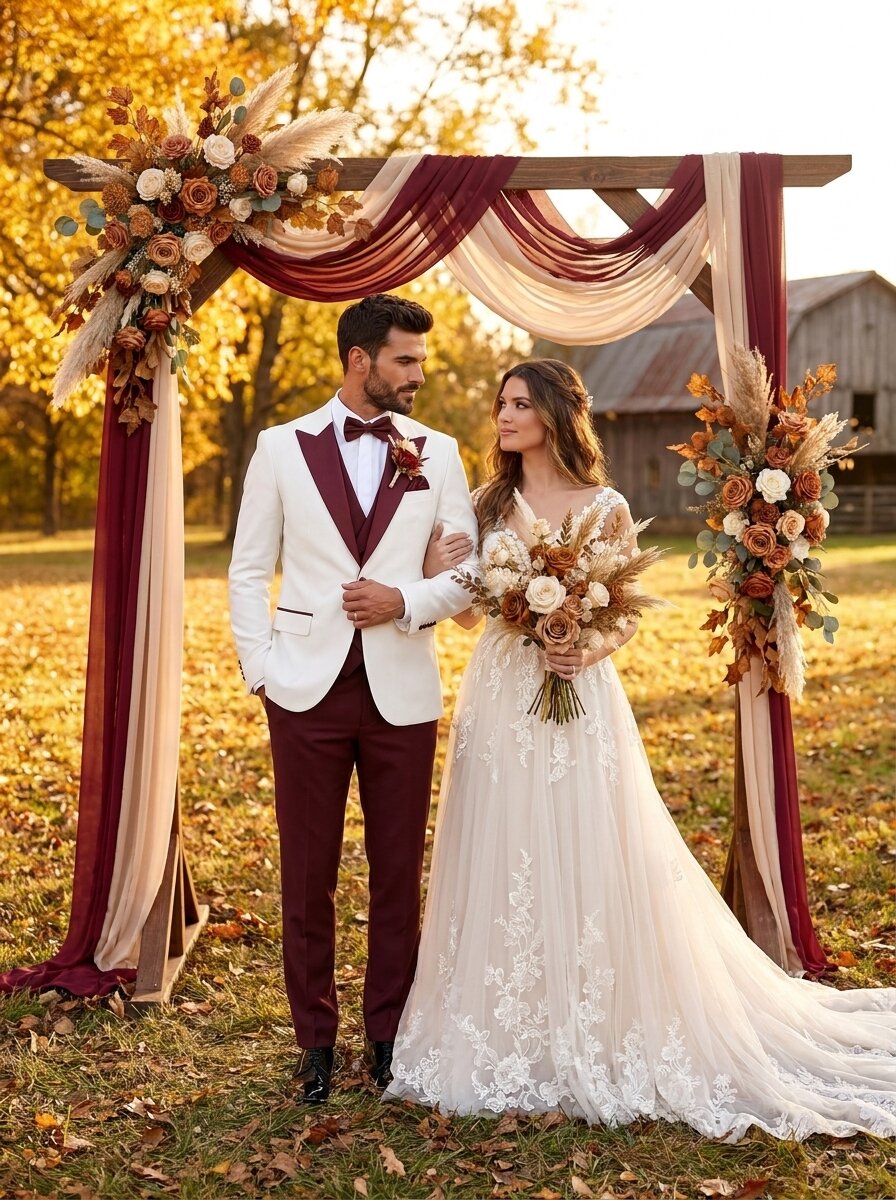 Men’s Ivory & Burgundy 3-Piece Wedding Tuxedo