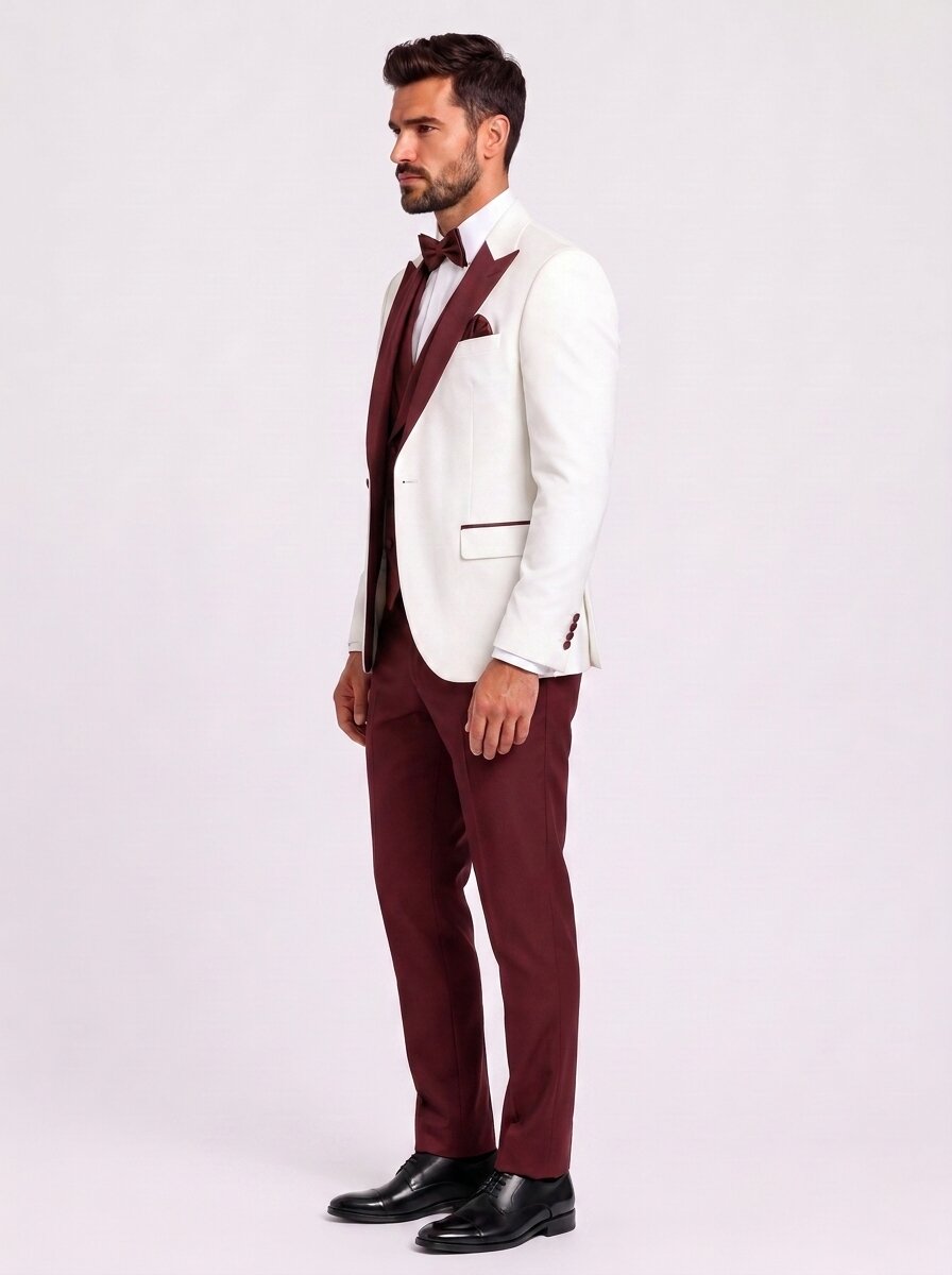 Men’s Ivory & Burgundy 3-Piece Wedding Tuxedo