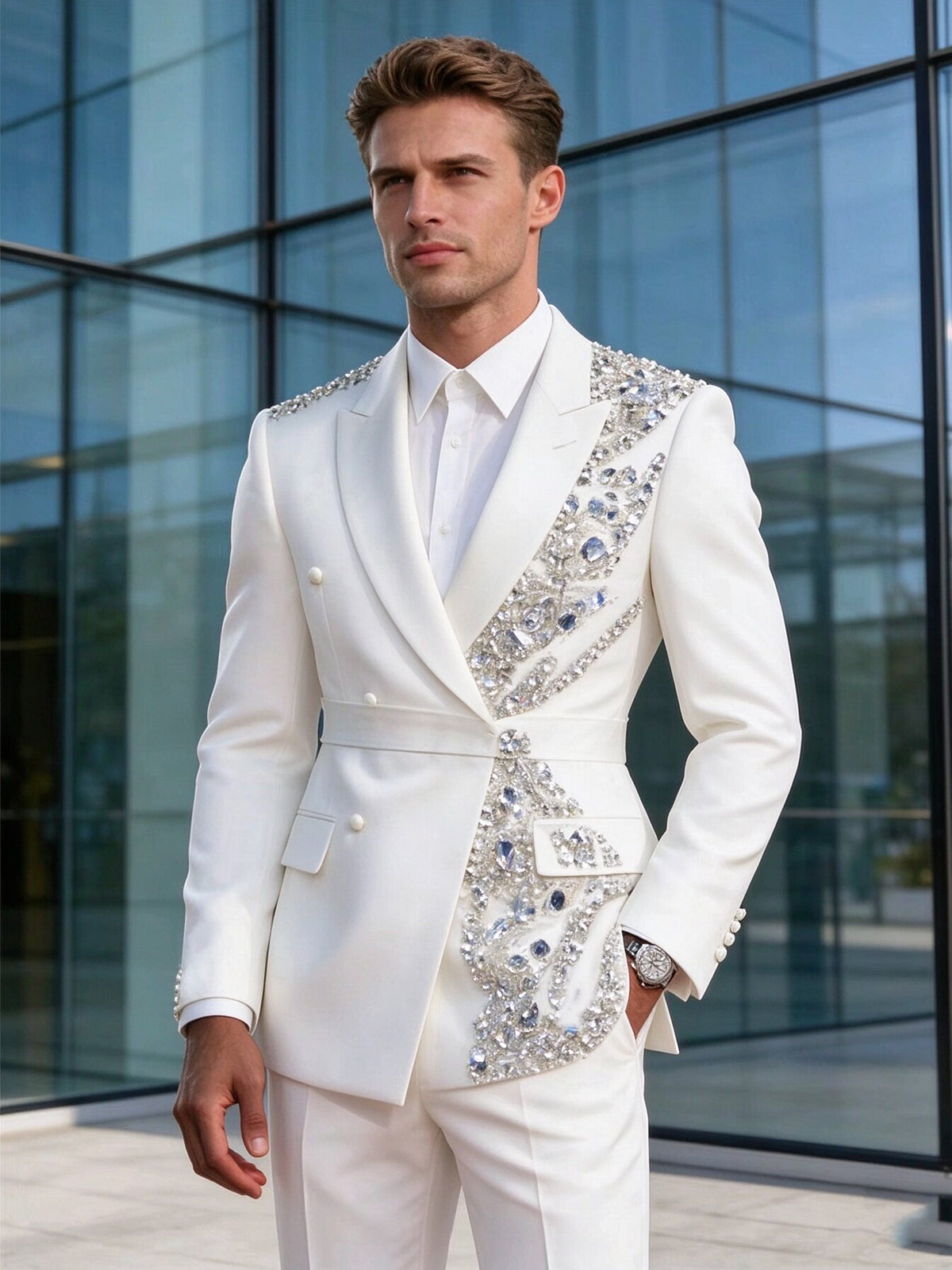 Mens 2-Piece  Double Breasted Rhinestone Embellished Suit