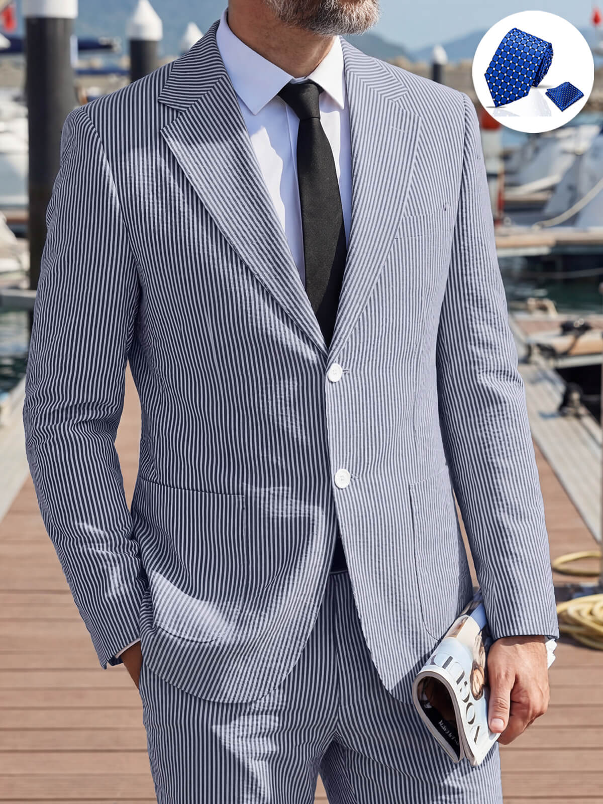 Men’s Pinstripe Seersucker Suit – Lightweight Summer Wedding Suit for Beach & Outdoor Events