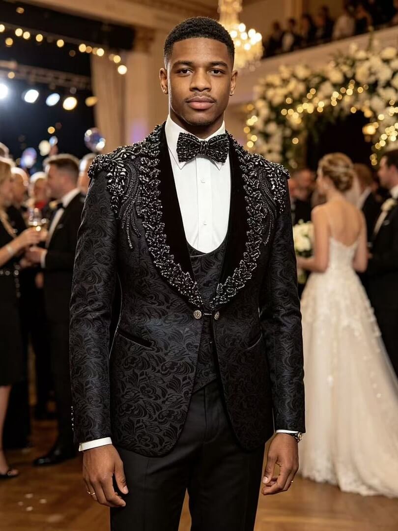 Paisley Jacquard Gem Stone 3 Piece Wedding Tuxedo for Men