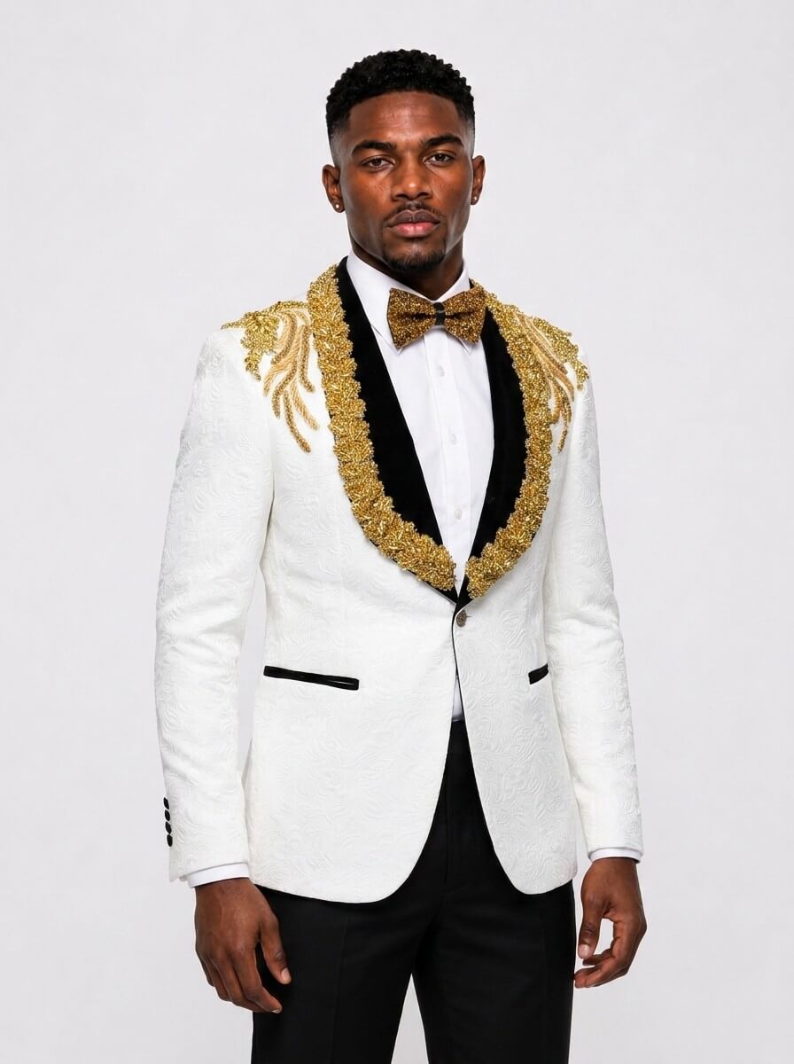 Paisley Jacquard Gem Stone 3 Piece Wedding Tuxedo for Men