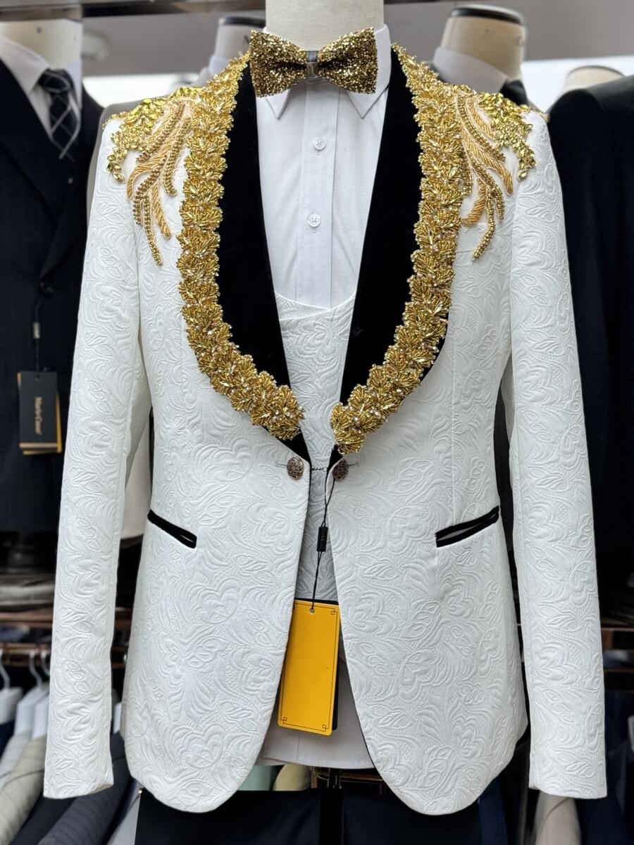 Paisley Jacquard Gem Stone 3 Piece Wedding Tuxedo for Men