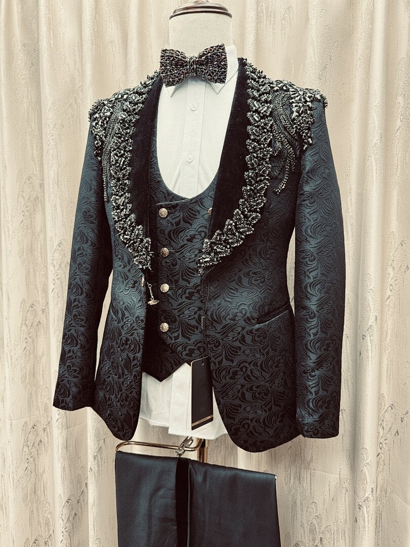 Paisley Jacquard Gem Stone 3 Piece Wedding Tuxedo for Men