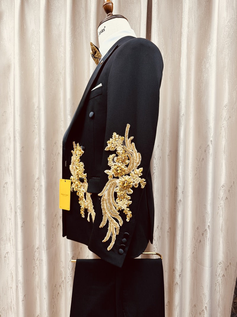 Men’s Gold Rhinestone Floral Double-Breasted 2-Piece Prom Suit