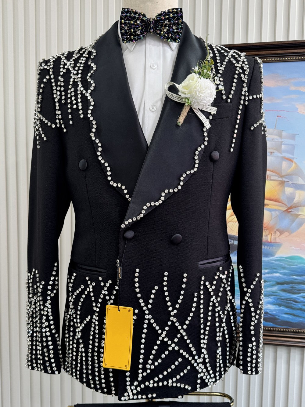Men's Rhinestone Double-Breasted Shawl Lapel Tuxedo Set