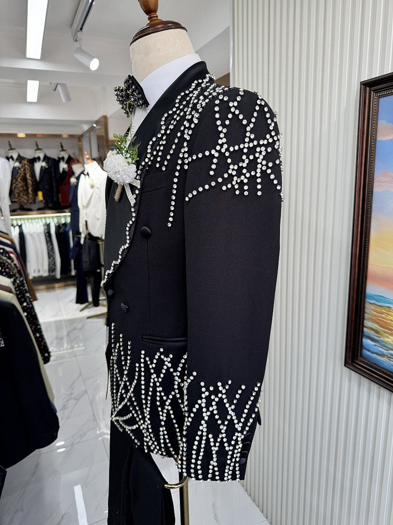 Men's Rhinestone Double-Breasted Shawl Lapel Tuxedo Set