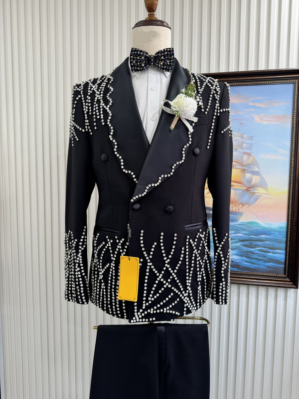Men's Rhinestone Double-Breasted Shawl Lapel Tuxedo Set