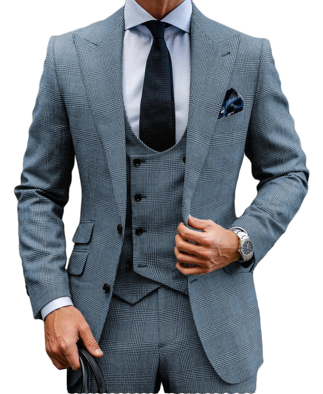 Casual Men's Suits Slim Fit 3 Piece Wool Plaid Tuxedos