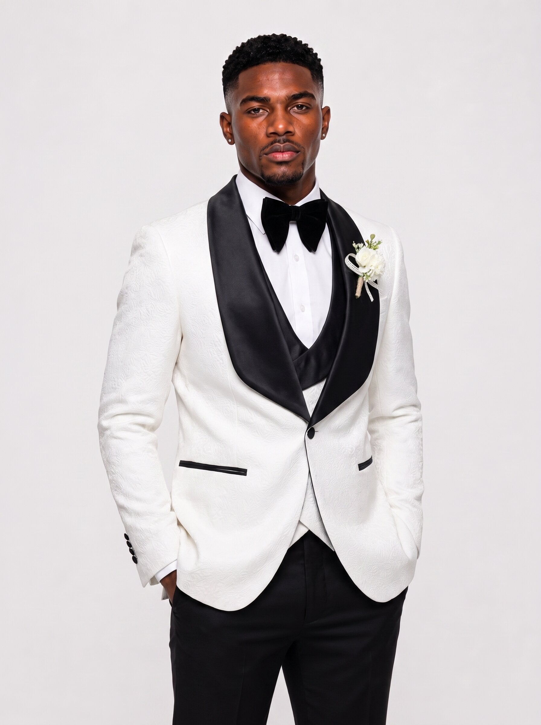 Men's White Floral Jacquard 3 Piece Groom Tuxedo