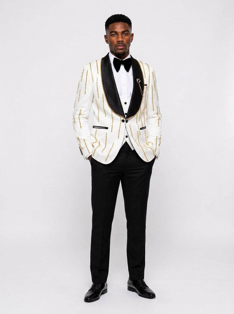 Men's White & Gold Rhinestone Shawl Lapel 3 Piece Tuxedo