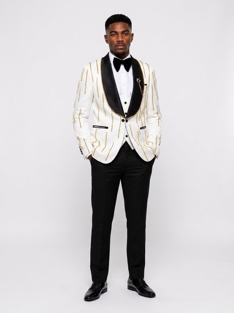 Men's White & Gold Rhinestone Shawl Lapel 3 Piece Tuxedo