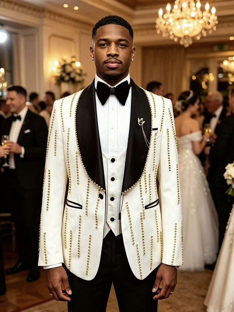 Men's White & Gold Rhinestone Shawl Lapel 3 Piece Tuxedo
