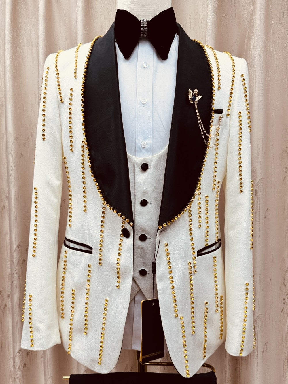 Men's White & Gold Rhinestone Shawl Lapel 3 Piece Tuxedo