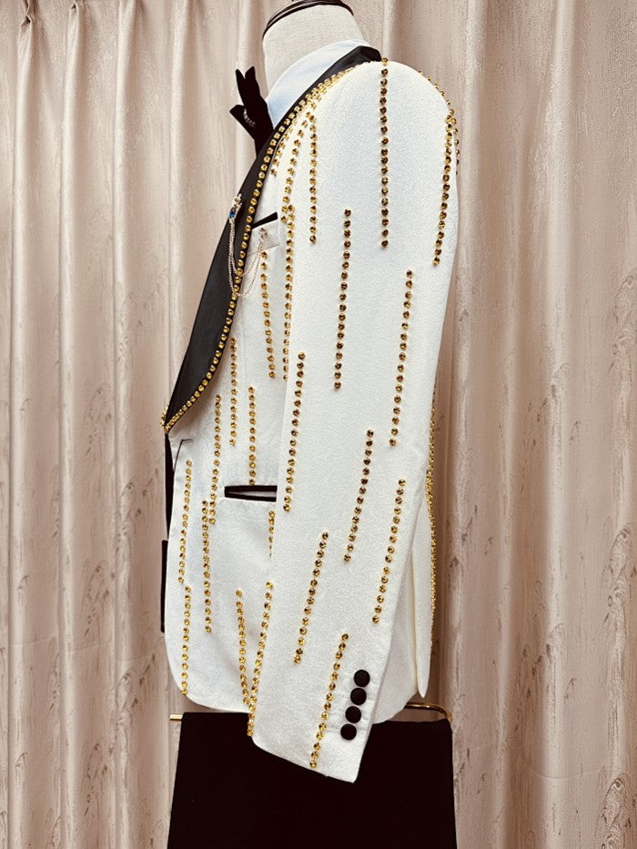 Men's White & Gold Rhinestone Shawl Lapel 3 Piece Tuxedo