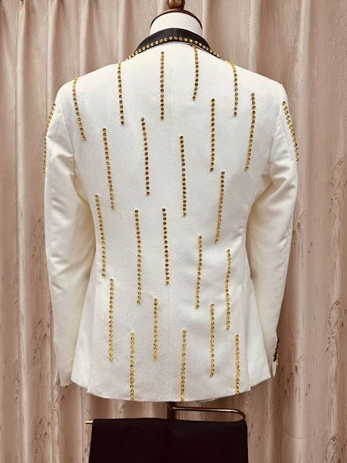 Men's White & Gold Rhinestone Shawl Lapel 3 Piece Tuxedo